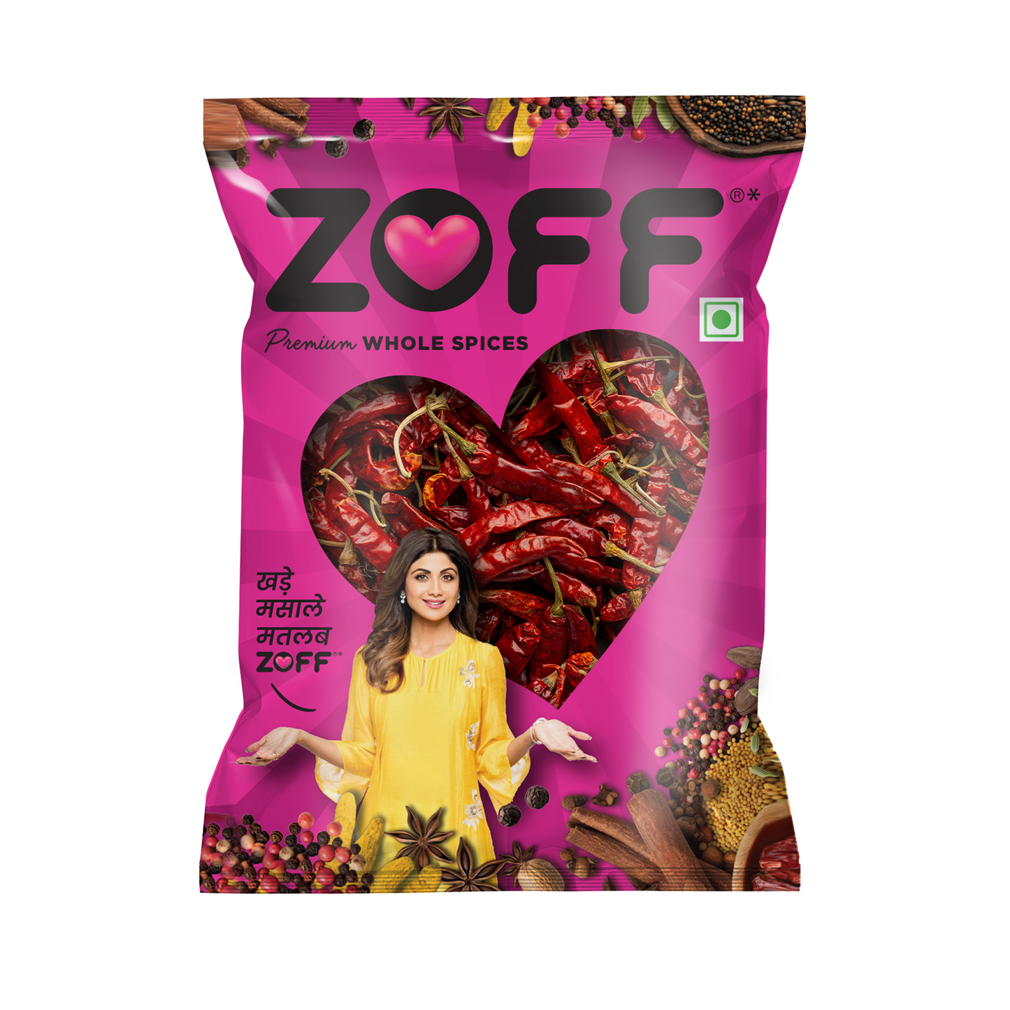 ZOFF premium whole spices packaging with a pink background