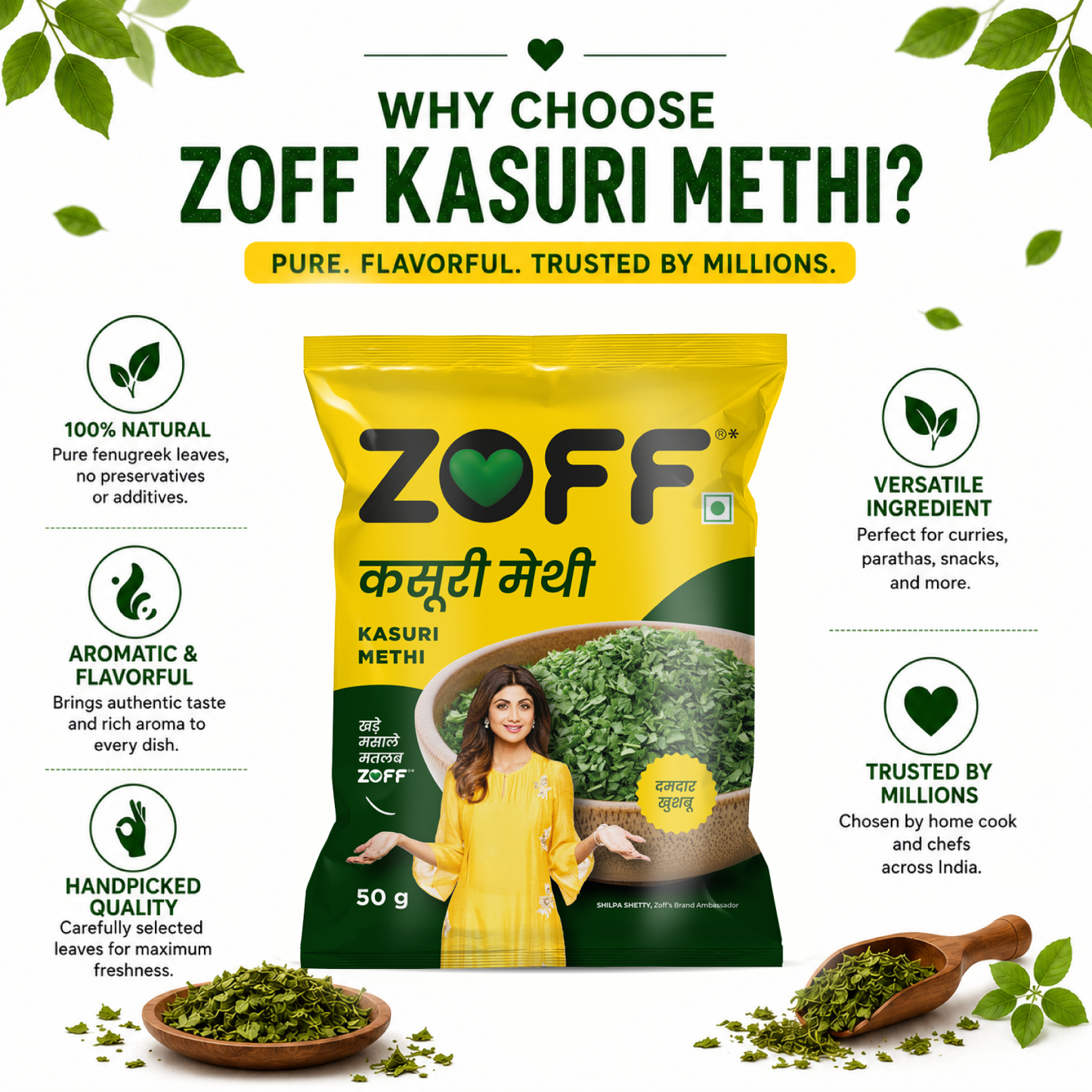 Zoff Kasuri Methi | Premium Dried Fenugreek Leaves for Curries & Gravies | 50g