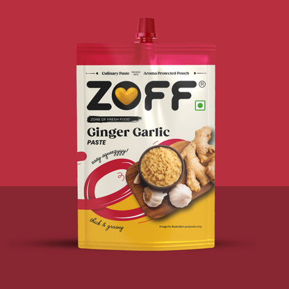 Packaging of ZOFF Ginger Garlic Paste, showing the brand logo, product name, and an image of ginger and garlic.