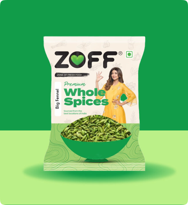 Packaging of Zoff Fennel Seeds with a green background