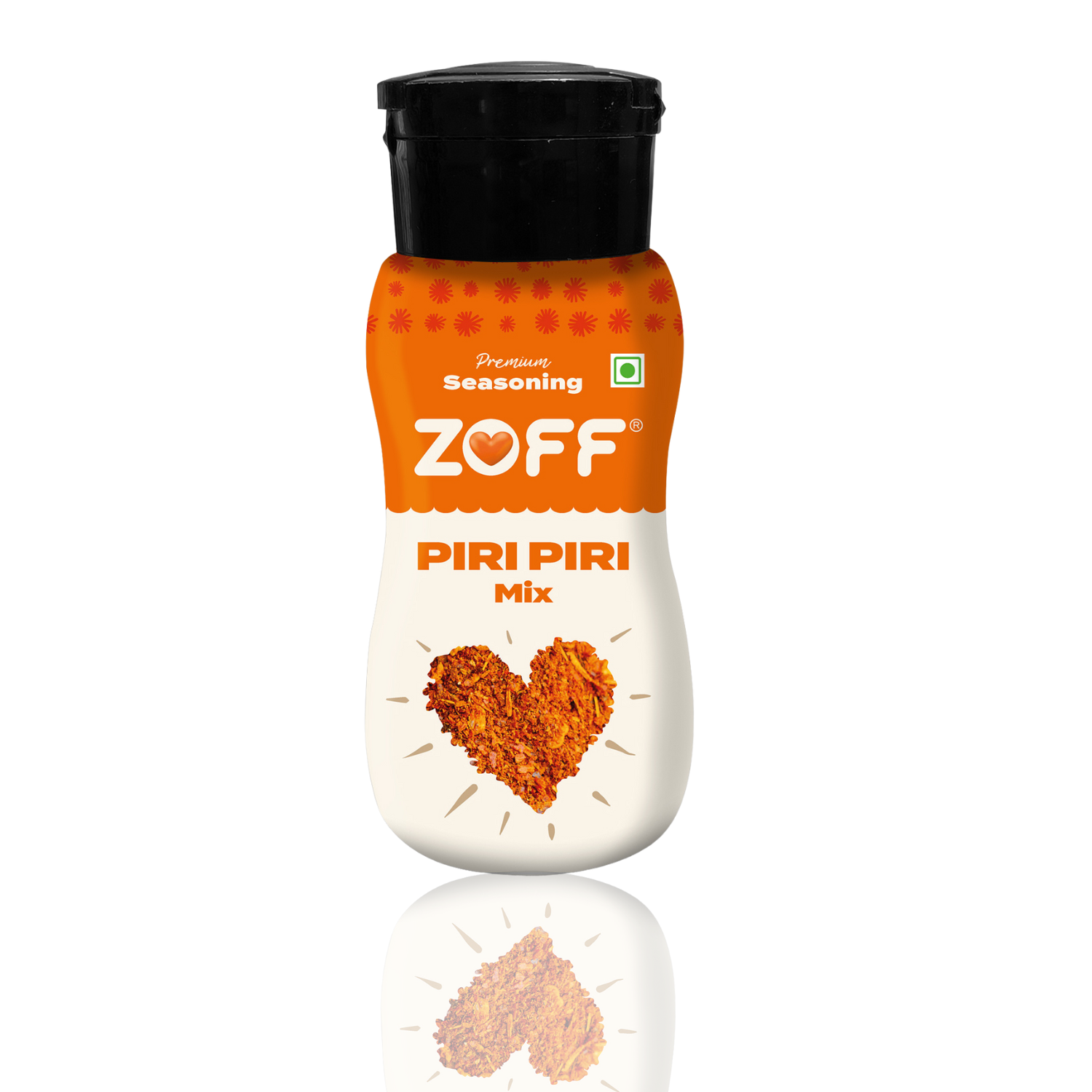 A bottle of ZOFF Piri-Prim Mix seasoning, with a visible label showing the product name and a heart-shaped spice blend on the front.